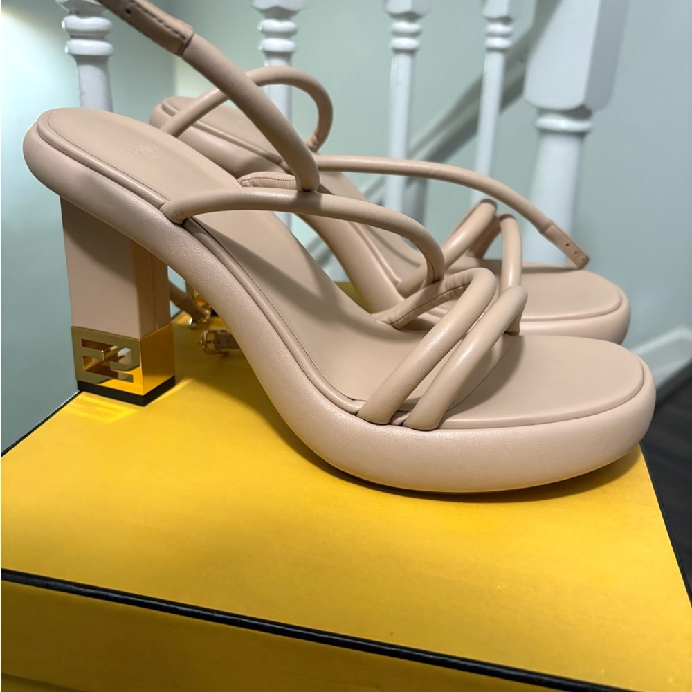 Fendi Nude Buff Block Heel Sandals with Gold Hardware (NWT)